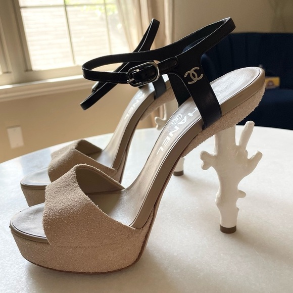 Chanel Coral Shaped Heel Nude Textured Platform Sandals - Picture 1 of 12